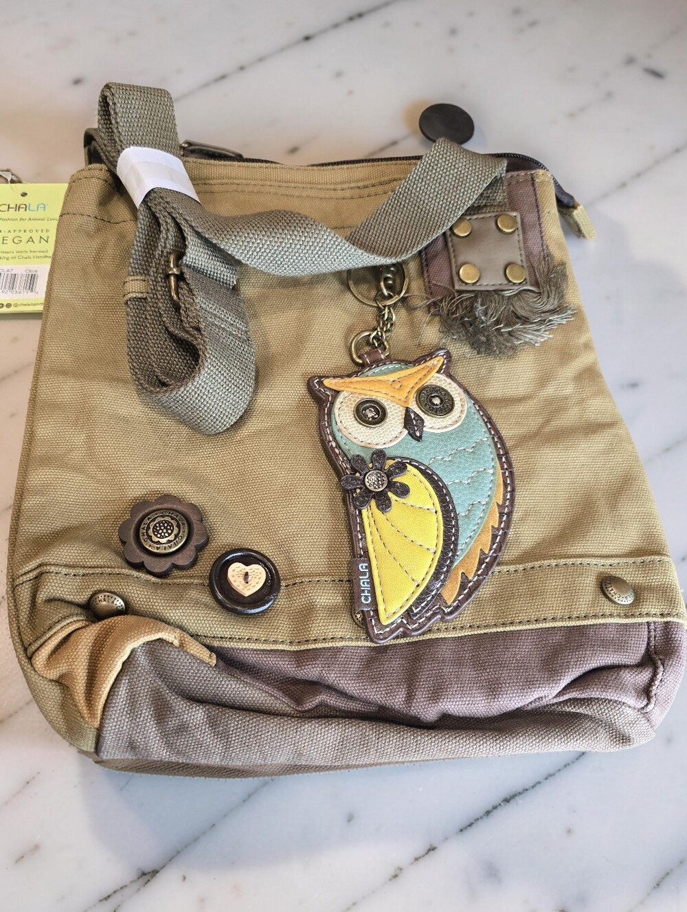 NWT Chala Olive Green Canvas Patch Crossbody Bag - Whimsical Owl Charm